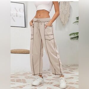 Womens Baggy Barrel Pants Wide Leg Lounge Drawstring Sweatpants with Pockets
